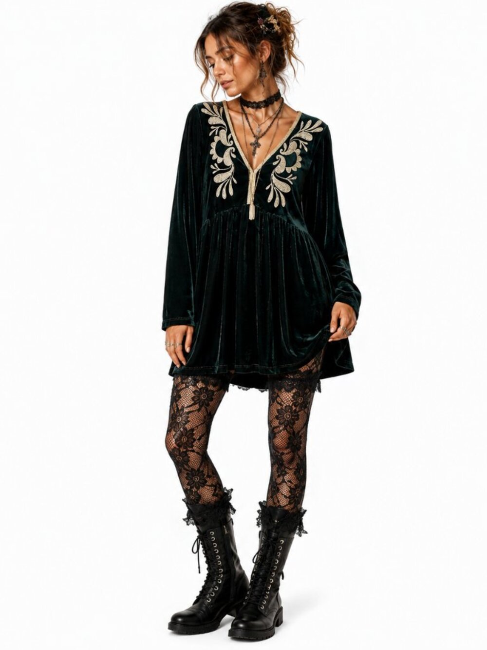 Rusttydustty Velvet Mini Dress Womens 0XL Green Embroidered Whimsigoth Babydoll